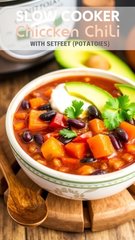 A bowl of chicken chili with sweet potatoes, black beans, and garnished with cilantro and avocado.